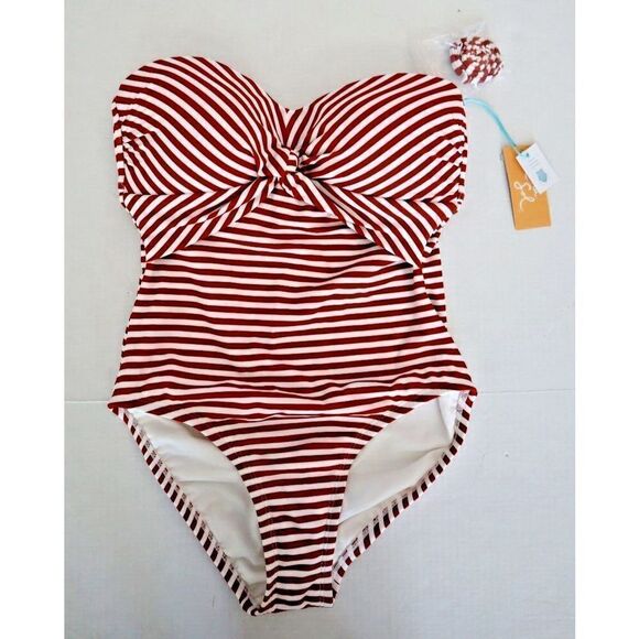 Kona Sol Sz S (4-6) Red/White Striped Twist Bandeau Med. Coverage 1-Pc Swimsuit - Picture 1 of 8